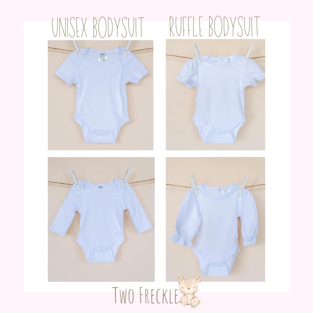 four pictures of a baby's bodysuit hanging on a clothes line