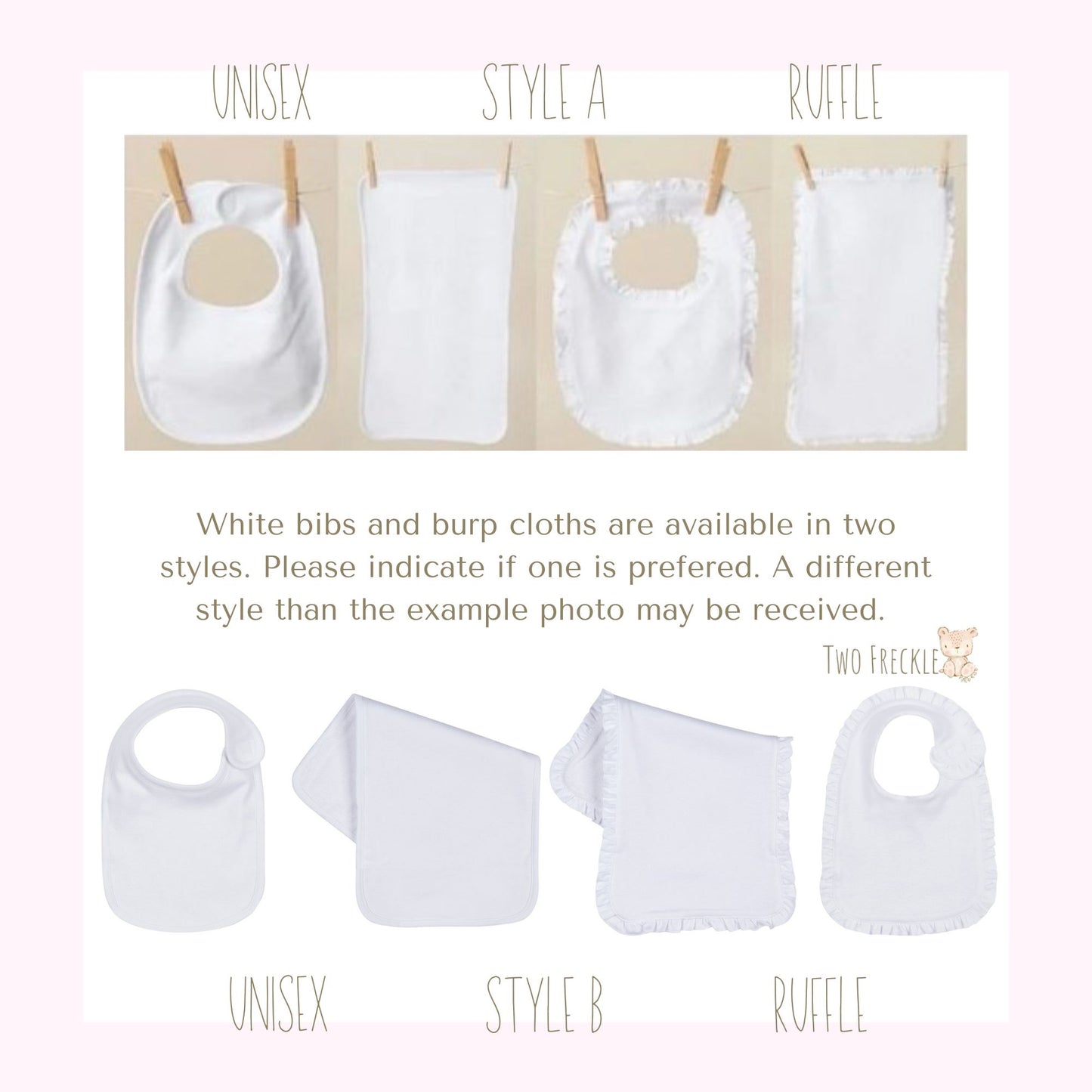 a baby bib and burp cloths are available in two styles