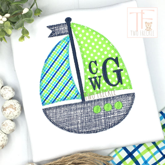 Green and Navy Sailboat Appliqué Shirt