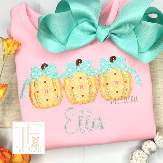 Pumpkin Trio with Bow Applique on Pink Bubble Shirt