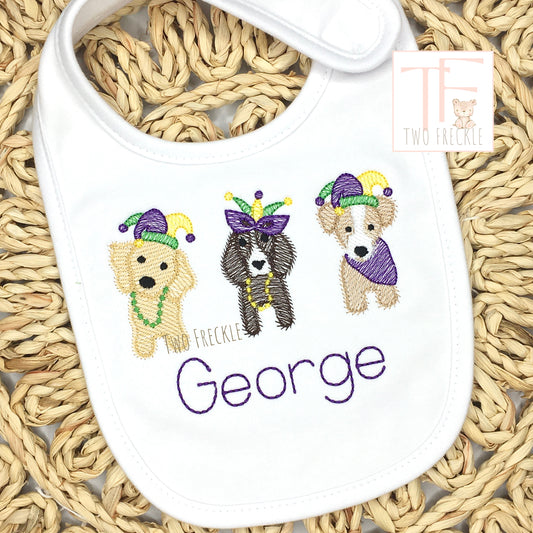 Puppy Mardi Gras Bib, Mardi Gras Beads Bib, Mardi Gras Romper, Embroidered Mardi Gras Burp Cloth, Baby Gown, Baby Bodysuit