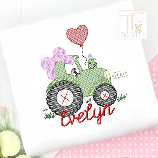 Valentine&#39;s Day Tractor with Bow and heart shaped balloon embroidered personalized