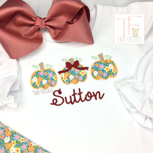 Teal Floral Pumpkin Trio Applique with Bow