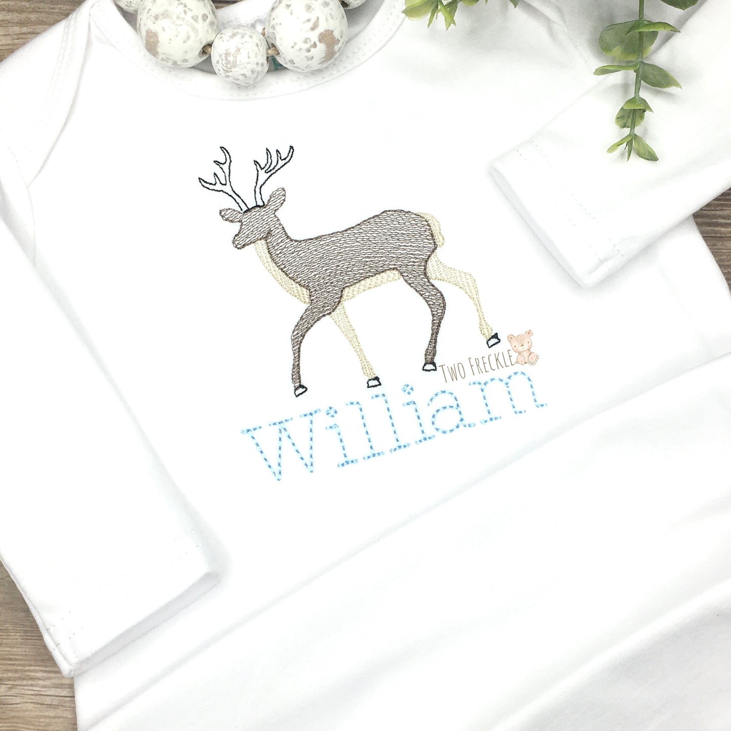 Deer Embroidered Baby Bib, Bodysuit, or Baby Gown