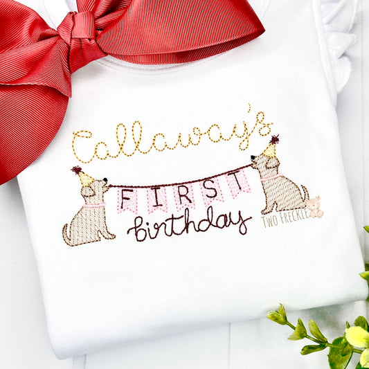 First Birthday Boho Puppy Shirt, Puppy Dog Birthday Bib, Birthday Doggie Baby Bodysuit, Embroidered