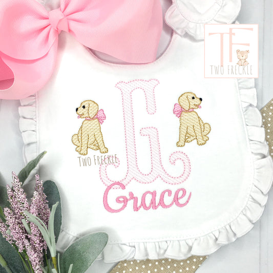 Girls Arabesque Initial with Name Puppy Dog Bib or Burp Cloth