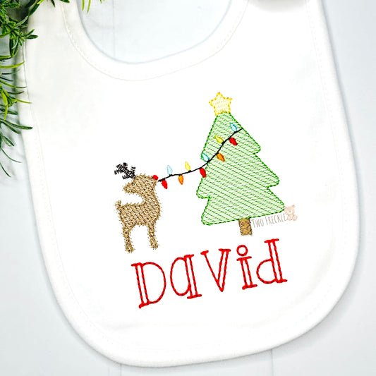 Personalized Christmas Bib, Baby Boy Reindeer Bib and Burp Cloth, Christmas Tree Boys Embroidered Bib, Baby Shower Gift