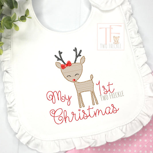 First Christmas Baby Bib, Baby Girl Reindeer Bib, Christmas Burp Cloth, Girls Reindeer Embroidered Bib, Baby Shower Gift