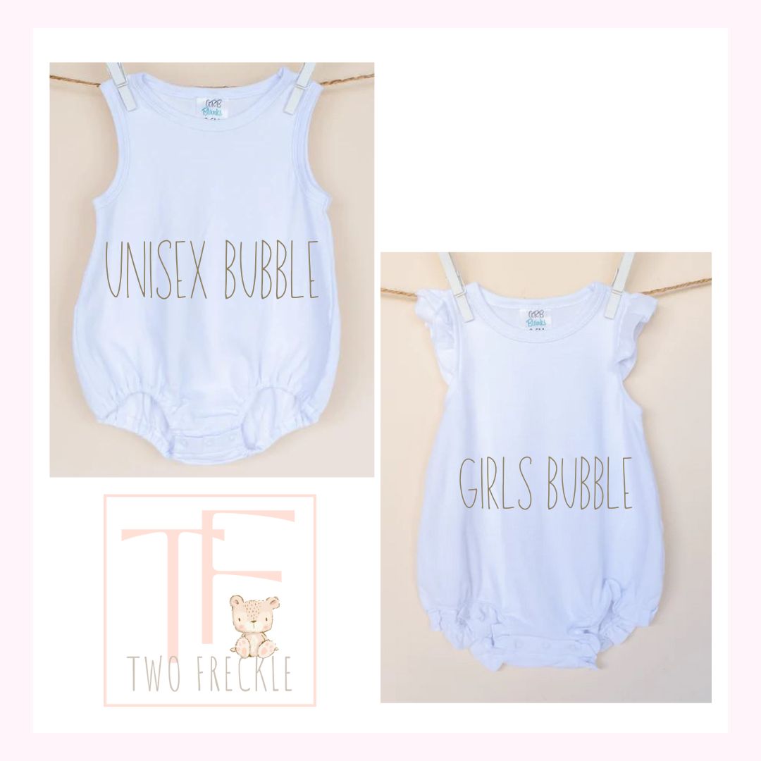 a baby girl's white onesuit with the words, unisex bubble