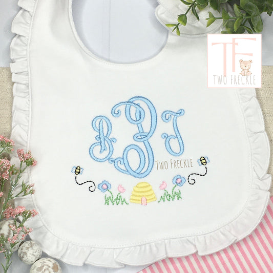 Personalized Baby Beehive Bib, Spring Monogrammed Girls Bib, Embroidery Personalized Bib, Stitched Burp Cloth, Baby Girl Gift