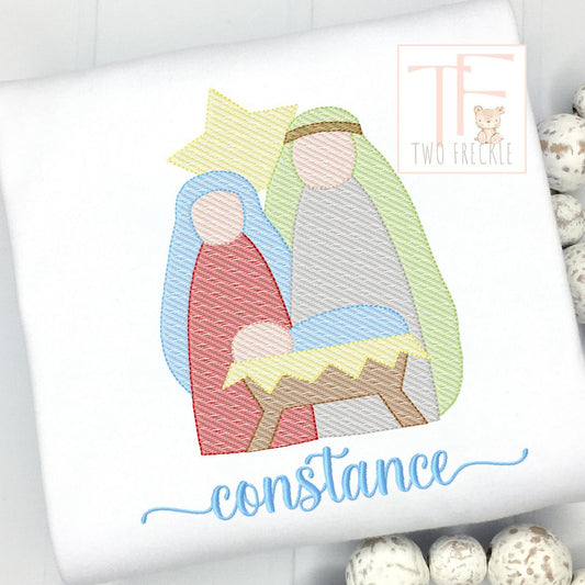 a cross stitch nativity design of a baby jesus and a baby jesus