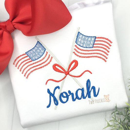 Double American Flags with Bow Embroidered Shirt