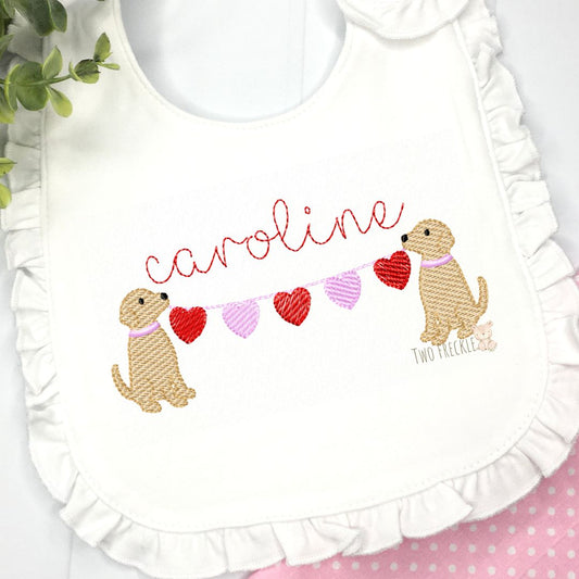 Girl's Valentine’s Day Bib, Puppy Valentine's Bib, Embroidered Labrador Baby Gown, Boys Personalized Valentines Bib, Monogram Valentine