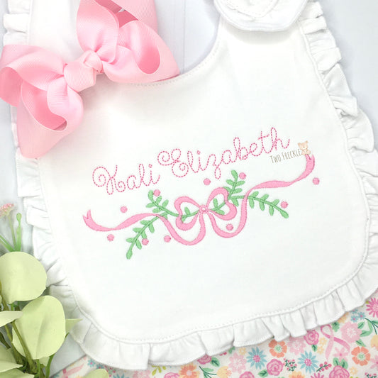 Personalized Baby Girl Bow with Laurel Bib