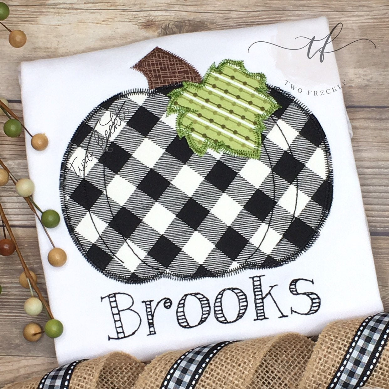 Buffalo Check Pumpkin Applique on White Shirt - Fall and Thanksgiving Personalized Boys Shirt