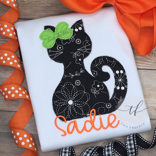 Cat Silhouette with Bow Applique Shirt