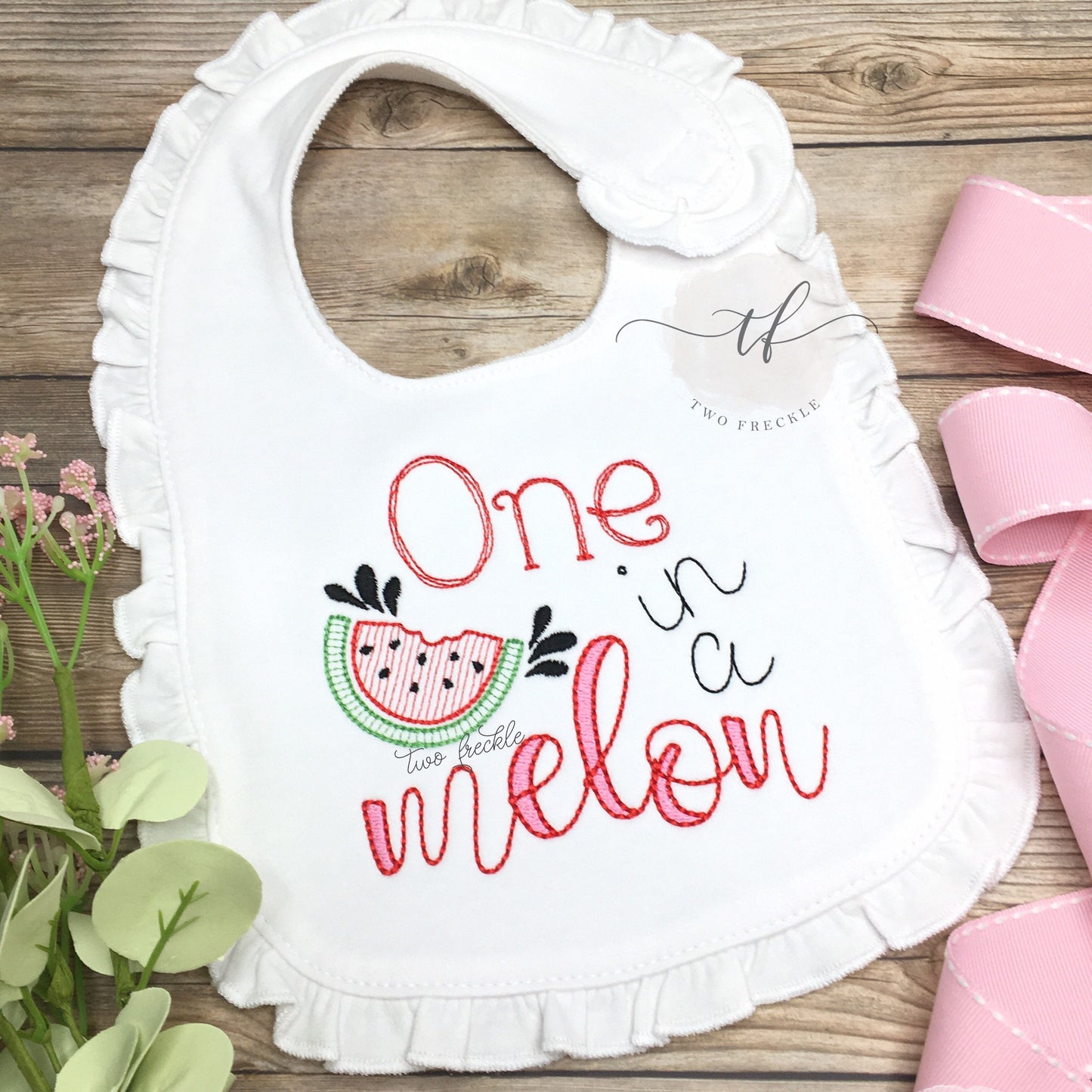 First Birthday Bib, One in a Melon Birthday Bib,  Watermelon Embroidered Ruffle Bib, Baby Girl Gift