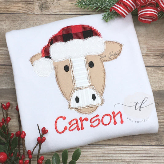 Boys Christmas Applique Shirt / Santa Cow Shirt, Christmas Embroidered Applique Boys Shirt, Romper, or Infant Bodysuit