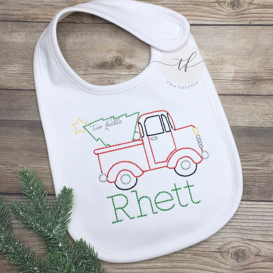 Personalized Christmas Bib, Vintage Truck with Christmas Tree Bib, Vintage Truck Burp Cloth, Boys Christmas Tree Embroidered Bib, Baby Gown