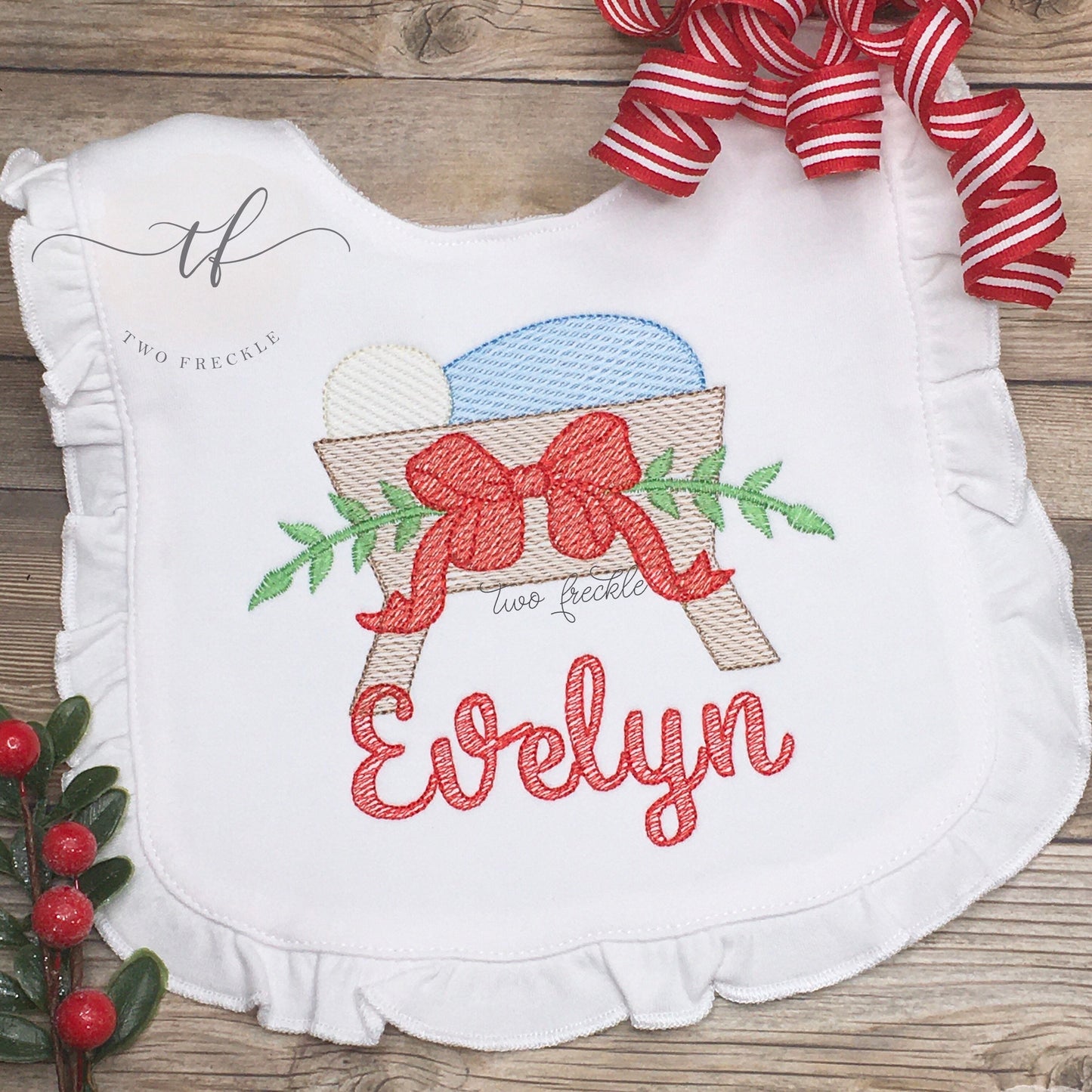 Personalized Christmas Bib, Manger Bib and Burp Cloth, Baby Jesus Girls Embroidered Bib, Baby Shower Gift, Jesus Loves Me