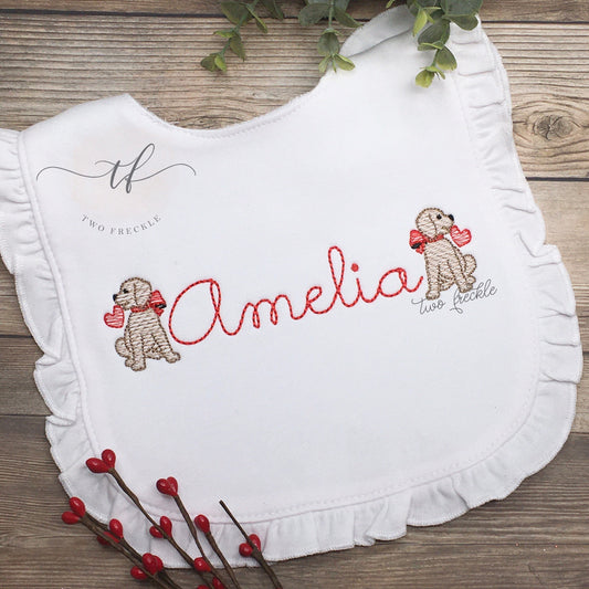 Valentine’s Day Bib, Puppy Personalized Bib, Embroidered Labrador Baby Gown, Girls Valentines Bib, Monogram Valentine