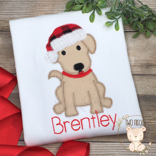 Puppy with Santa Hat Christmas Applique Shirt