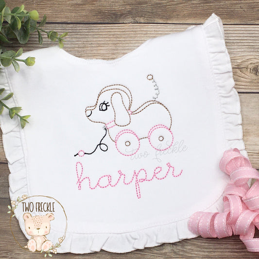 Personalized Girls Bib, Puppy Personalized Bib, Embroidered Labrador Baby Gown, Baby Shower Gift, Monogrammed Ruffle Burp Cloth