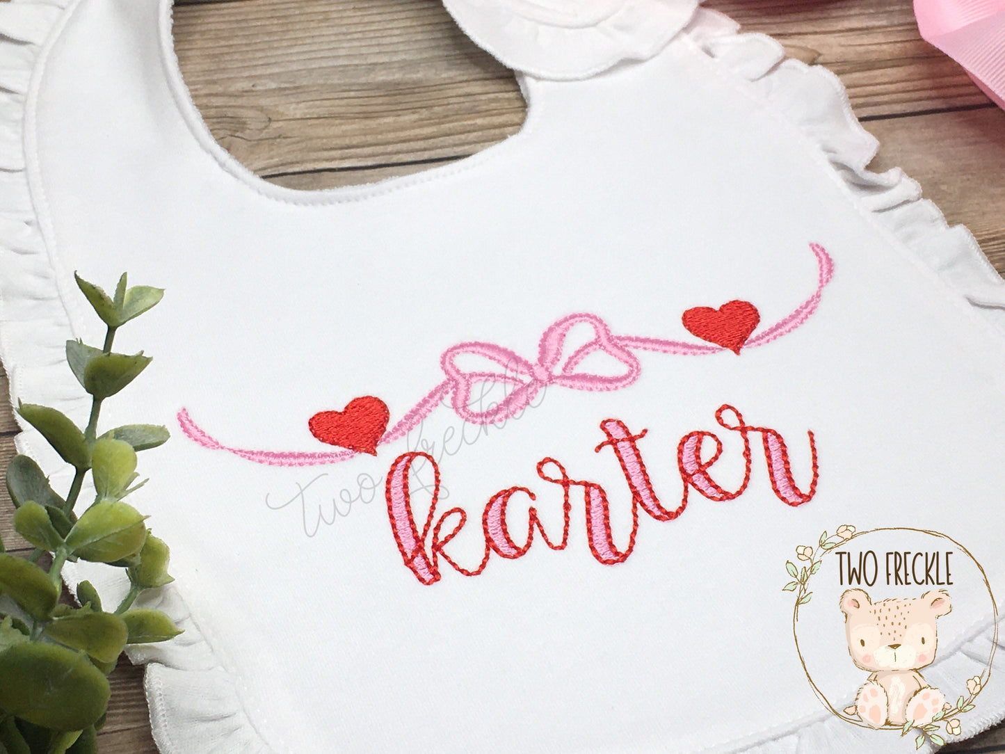 Girls Personalized Bib, Bow with Hearts, Embroidered Valentine's Gown, Girls Valentines Bib, Monogrammed Bib