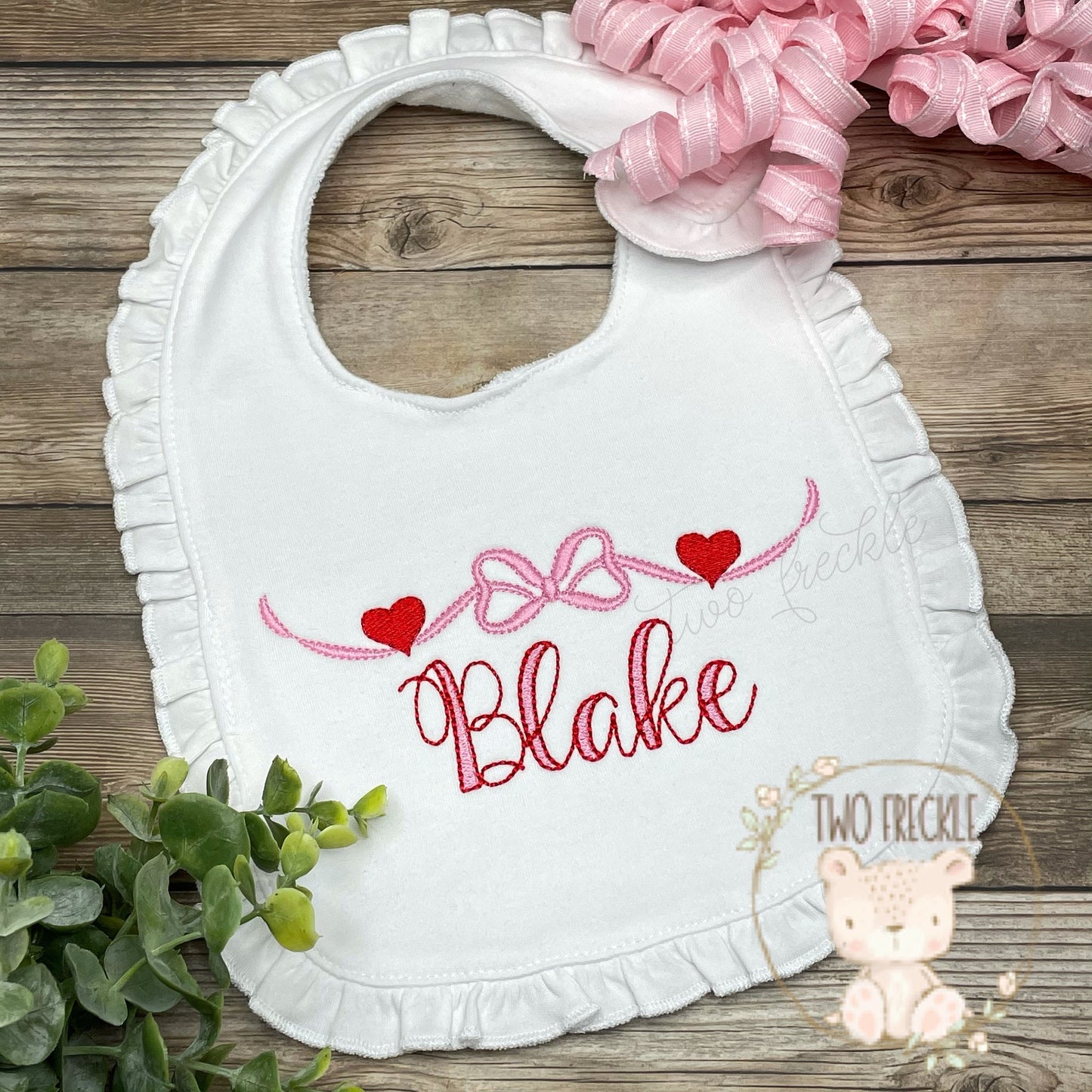 Girls Personalized Bib, Bow with Hearts, Embroidered Valentine's Gown, Girls Valentines Bib, Monogrammed Bib