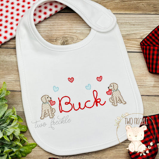 Boys Valentine’s Day Bib, Puppy Personalized Bib, Embroidered Labrador Baby Gown, Boys Valentines Bib, Monogrammed Valentine