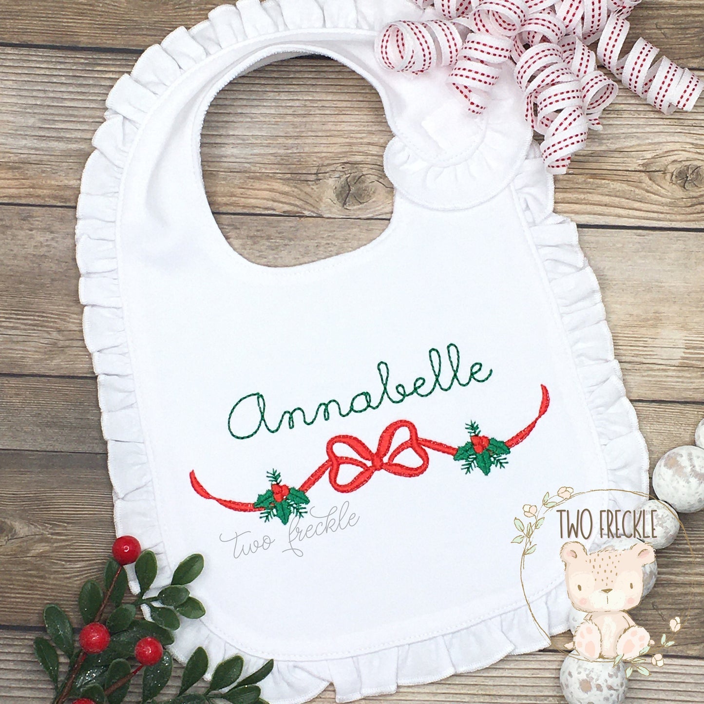 Personalized Christmas Bib, Baby Girl Christmas Holly Bib and Burp Cloth, Christmas Mistletoe Girls Embroidered Bib, Baby Shower Gift