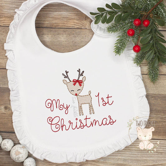 First Christmas Baby Bib, Baby Girl Reindeer Bib, Christmas Burp Cloth, Girls Reindeer Embroidered Bib, Baby Shower Gift