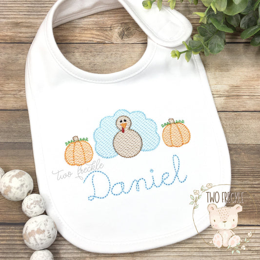 Blue Turkey with Pumpkins Baby Bib