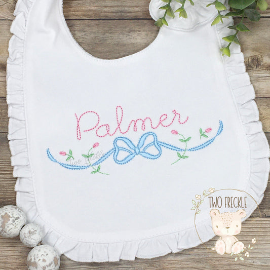 Girls Personalized Bib, Bow with Flowers, Embroidered Floral Gown, Girls Spring Bib, Monogrammed Bib with Flowers