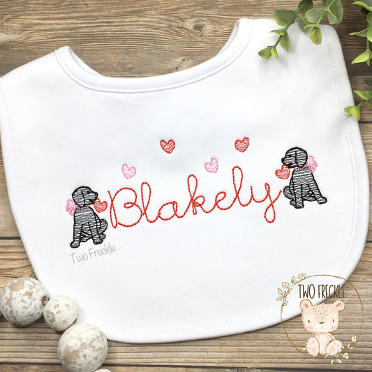 Girls Valentine’s Day Bib, Puppy Personalized Bib, Embroidered Labrador Baby Gown, Girls Valentines Bib, Monogrammed Valentine