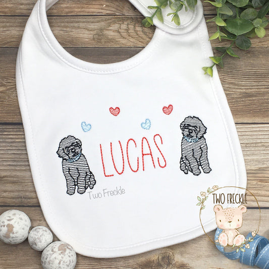 Boys Valentine’s Day Bib, Puppy Personalized Bib, Embroidered Golden Doodle Baby Gown, Boys Valentines Bib, Monogrammed Valentine