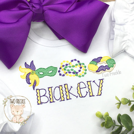 Girl's Mardi Gras Shirt, Mardi Gras Beads Shirt, Mardi Gras Romper, Embroidered Mardi Gras  Baby Gown, Baby Bodysuit