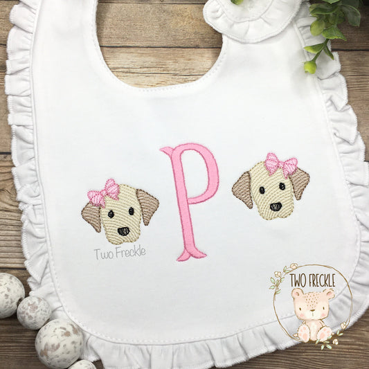 Baby Girl Dog Bib, Puppy Personalized Bib, Embroidered Labrador Baby Gown, Baby Shower Gift, Monogrammed Ruffle Burp Cloth