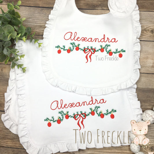 Personalized Christmas Bib, Baby Girl Christmas Garland Bib and Burp Cloth, Christmas Ornament Girls Embroidered Bib, Baby Shower Gift