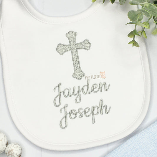 Boys Monogrammed Bib, Boys Christening Bib, Baby Dedication Burp Cloth, Embroidered Cross Baby Boy Gown, Baptism Bib