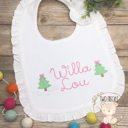 Girls Christmas Bib, Monogrammed Christmas Bib, Christmas Tree Burp Cloth, Girls Christmas Tree Embroidered Bib, Baby Shower Gift