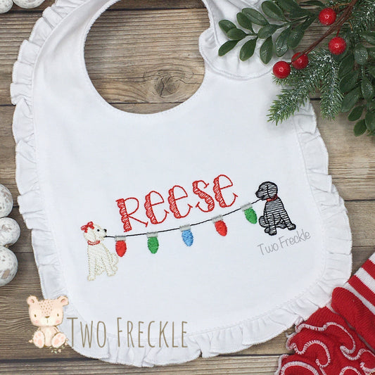 Dog Christmas Bib, Puppy Holding Christmas Lights Bib, First Christmas Burp Cloth, Puppy Christmas Shirt, Bodysuit, or Bib