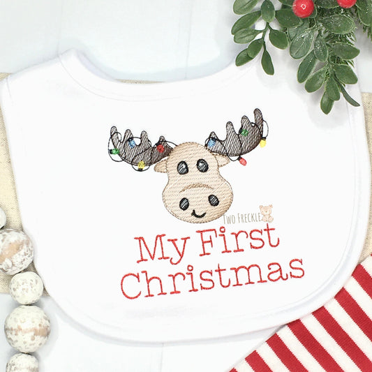 Moose Vintage Sketch First Christmas Embroidered Bib