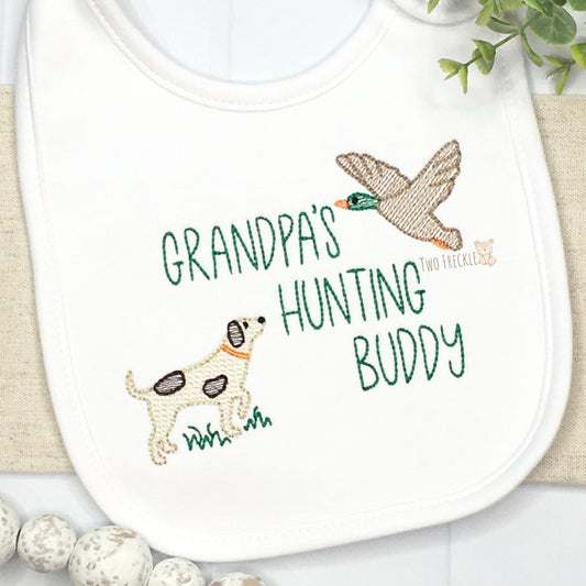 Grandpa’s Hunting Buddy Bib, Mallard Duck Hunting Bib, Embroidered Hunting Dog Burp Cloth, Baby Shower Gift, Hunting Baby Gown