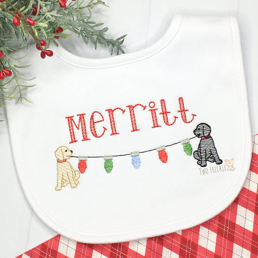 Dog Christmas Bib, Puppy Holding Christmas Lights Bib, First Christmas Burp Cloth, Puppy Christmas Shirt, Bodysuit, or Bib