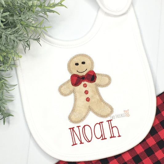 Gingerbread Man Applique Bib, Christmas Embroidered Applique Boys Shirt, Romper, or Infant Bodysuit