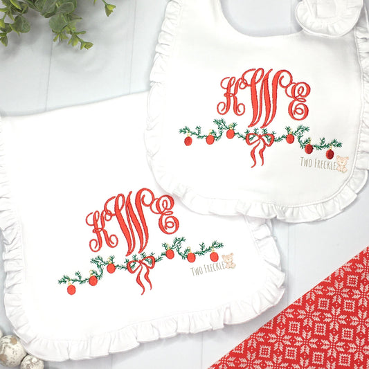 Monogrammed Christmas Bib, Baby Girl Christmas Garland Bib and Burp Cloth, Christmas Ornament Girls Embroidered Bib, Baby Christmas Gift